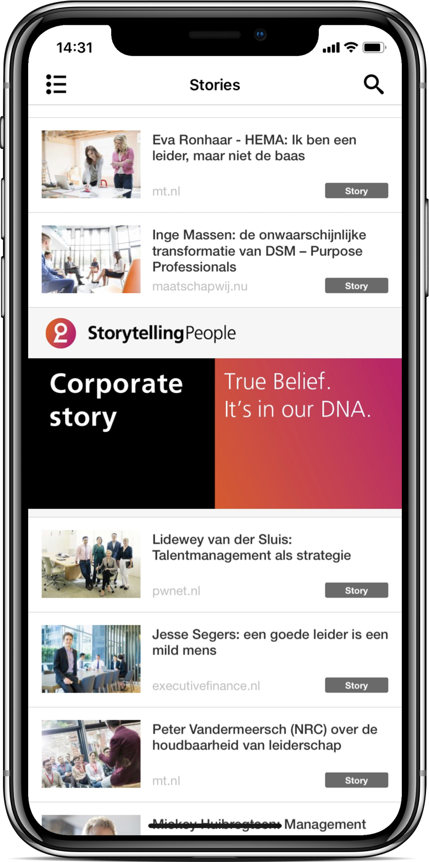 Apps voor Storytelling People. Deze legt de corporate story vast en brengt die tot leven met storytelling en community building